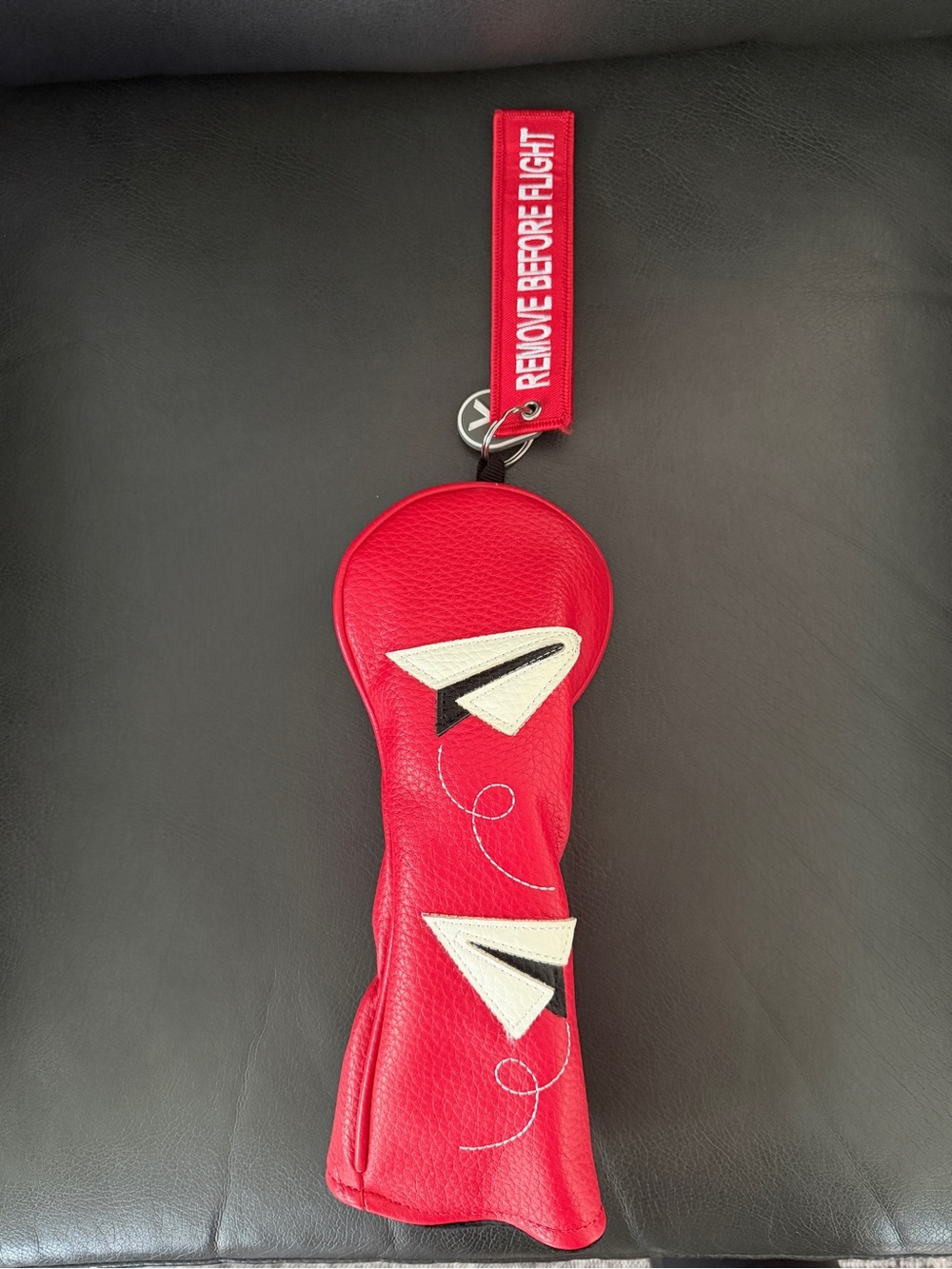 Red Leather Golf Club Headcover with Paper Plane Appliqué for a hybrid